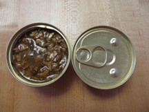 Two cans of catfood, one open, one with lid