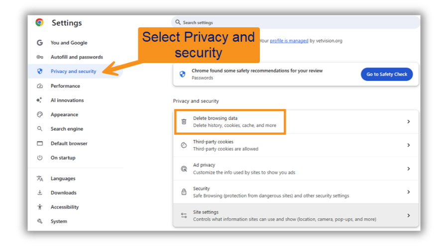Image of Chrome Privacy and security to get to Delete Browsing Data