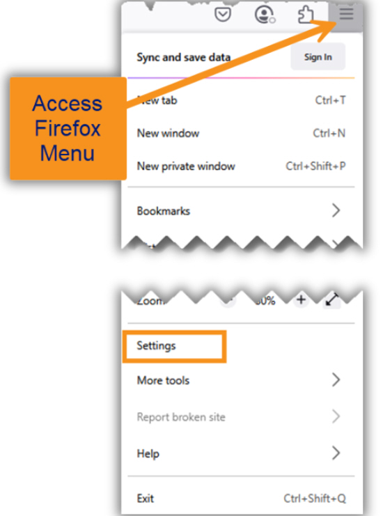 Image of FIrefox Menu to settings selection