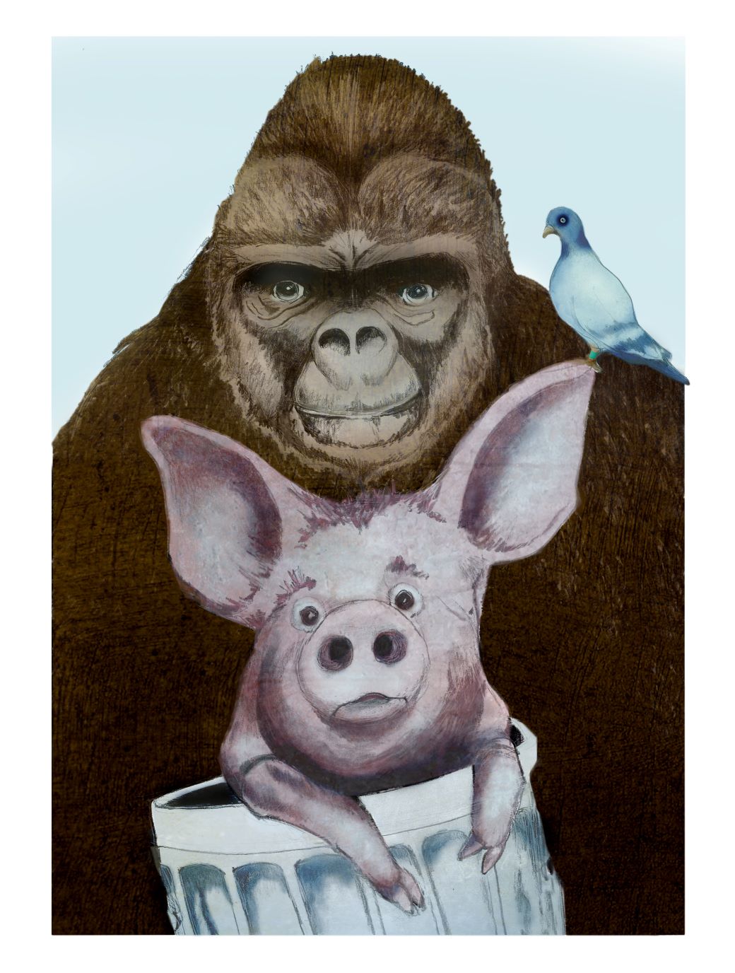 Illustration of a brown gorilla with a white and grey pigeon on his shoulder standing behind a pink pig in a grey trash can